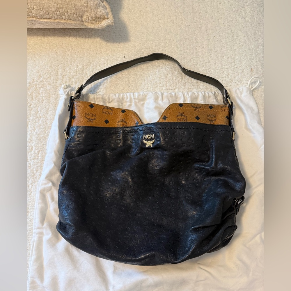 MCM Black and Brown Leather Hobo Bag